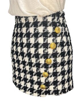 Balmain Button-Embellished Houndstooth Tweed Mini Skirt